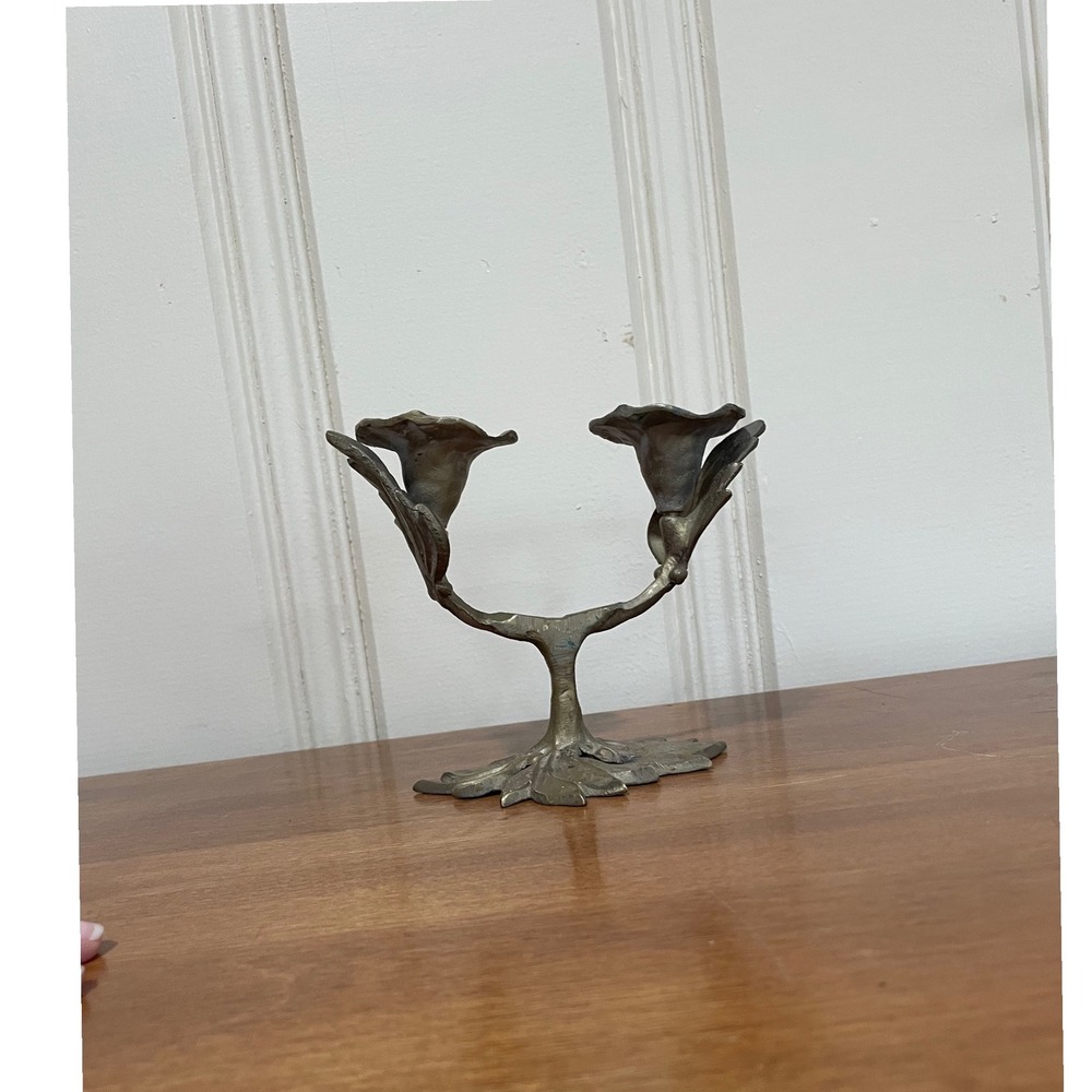 Vintage Brass Double Lily Candelabra Art Nouveau Floral‎ Taper Candle Holder
